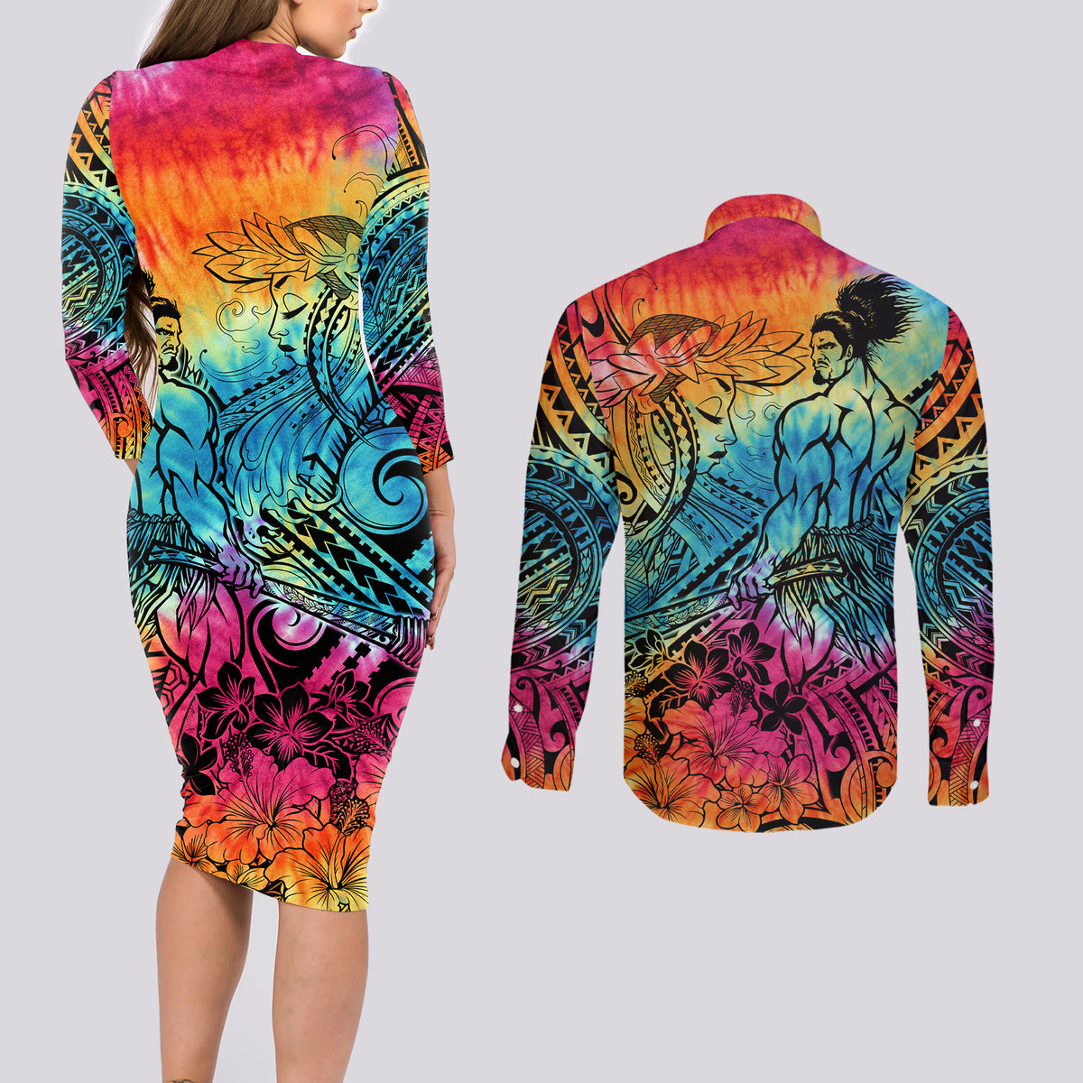 Beauty and The Warrior Polynesian Valentine Couples Matching Long Sleeve Bodycon Dress and Long Sleeve Button Shirt Hibiscus FLowers Rainbow Style LT9 - Polynesian Pride
