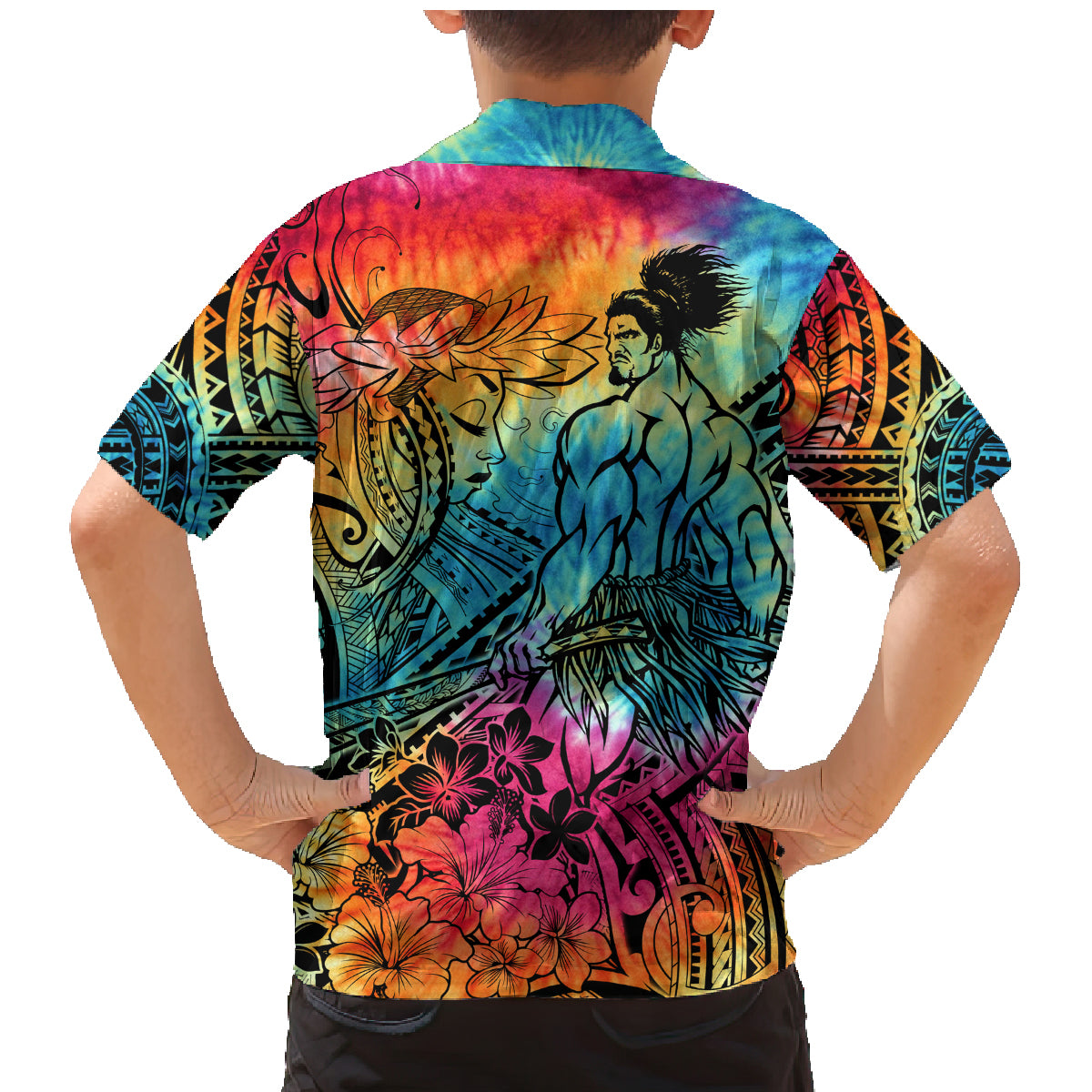 Beauty and The Warrior Polynesian Valentine Family Matching Mermaid Dress and Hawaiian Shirt Hibiscus FLowers Rainbow Style LT9 - Polynesian Pride