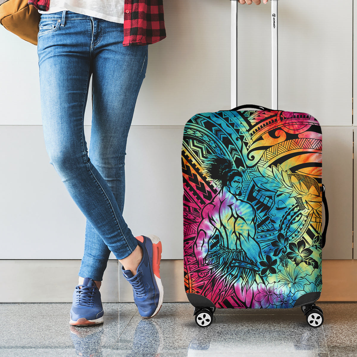 Beauty and The Warrior Polynesian Valentine Luggage Cover Hibiscus FLowers Rainbow Style LT9 - Polynesian Pride