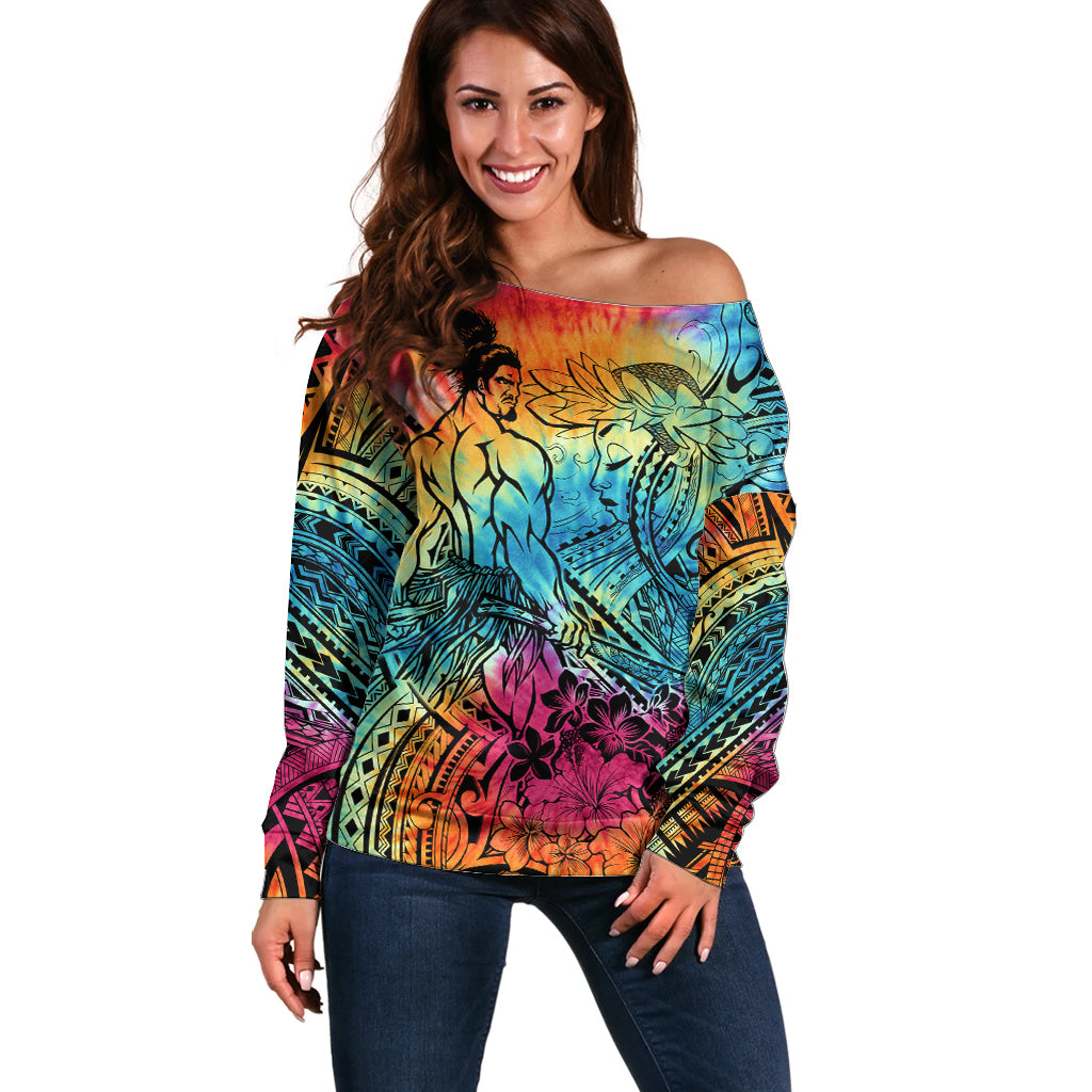 Beauty and The Warrior Polynesian Valentine Off Shoulder Sweater Hibiscus FLowers Rainbow Style LT9 Women Rainbow - Polynesian Pride