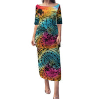Beauty and The Warrior Polynesian Valentine Puletasi Hibiscus FLowers Rainbow Style LT9 Long Dress Rainbow - Polynesian Pride