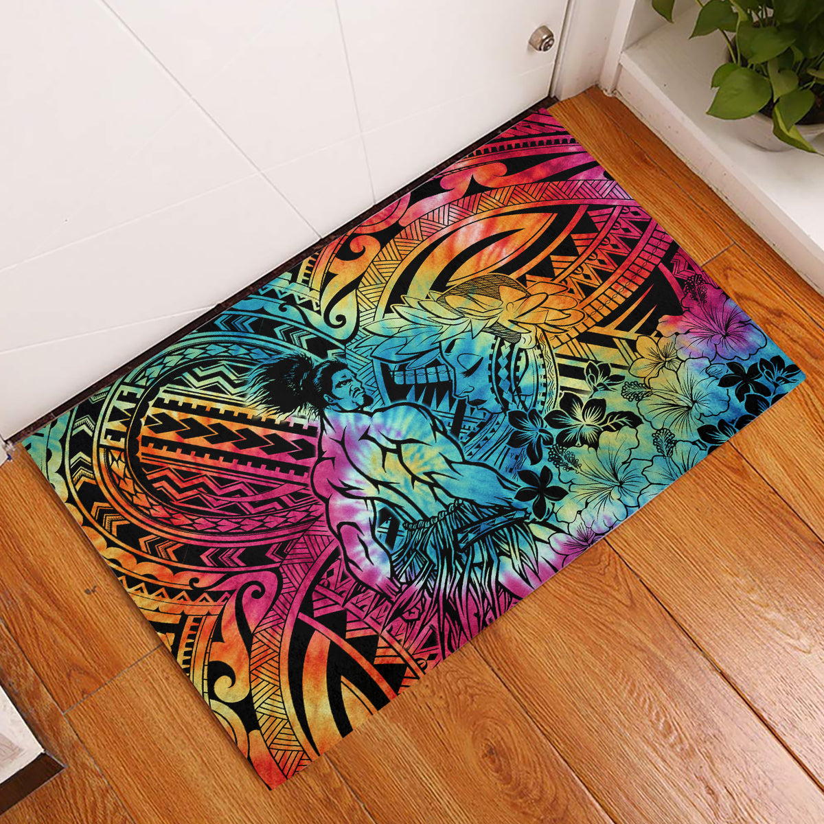 Beauty and The Warrior Polynesian Valentine Rubber Doormat Hibiscus FLowers Rainbow Style LT9 Rainbow - Polynesian Pride