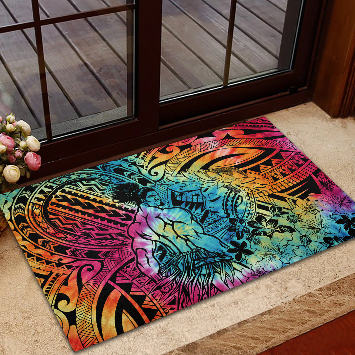 Beauty and The Warrior Polynesian Valentine Rubber Doormat Hibiscus FLowers Rainbow Style LT9 - Polynesian Pride