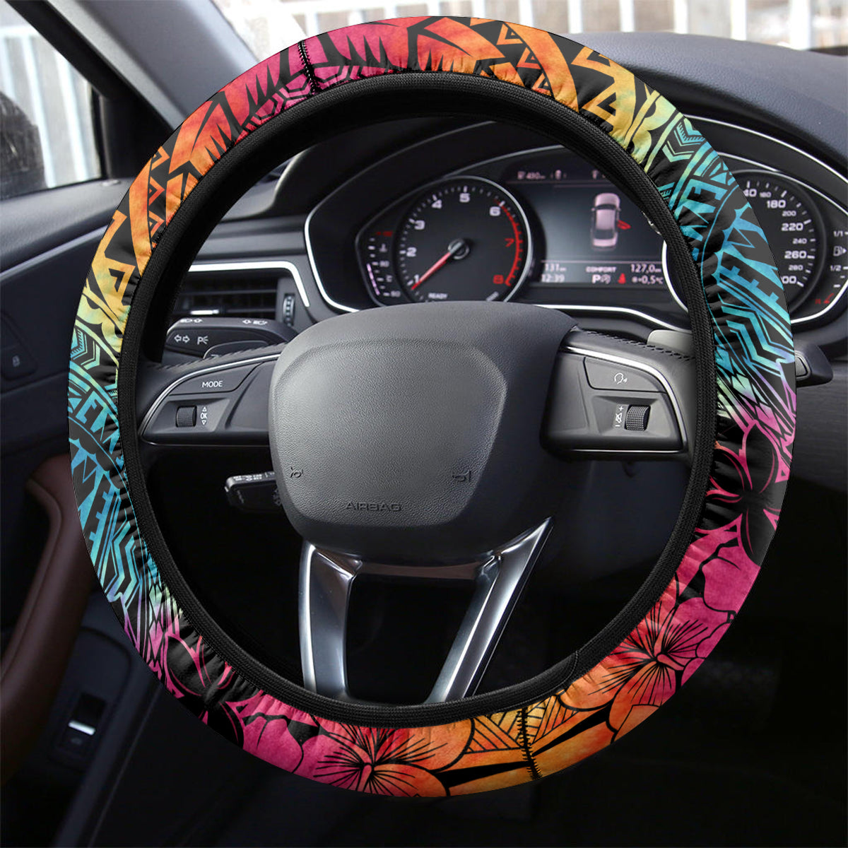 Beauty and The Warrior Polynesian Valentine Steering Wheel Cover Hibiscus FLowers Rainbow Style