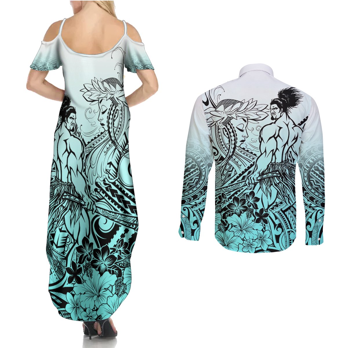 Beauty and The Warrior Polynesian Valentine Couples Matching Summer Maxi Dress and Long Sleeve Button Shirt Hibiscus FLowers Turquoise Style LT9 - Polynesian Pride