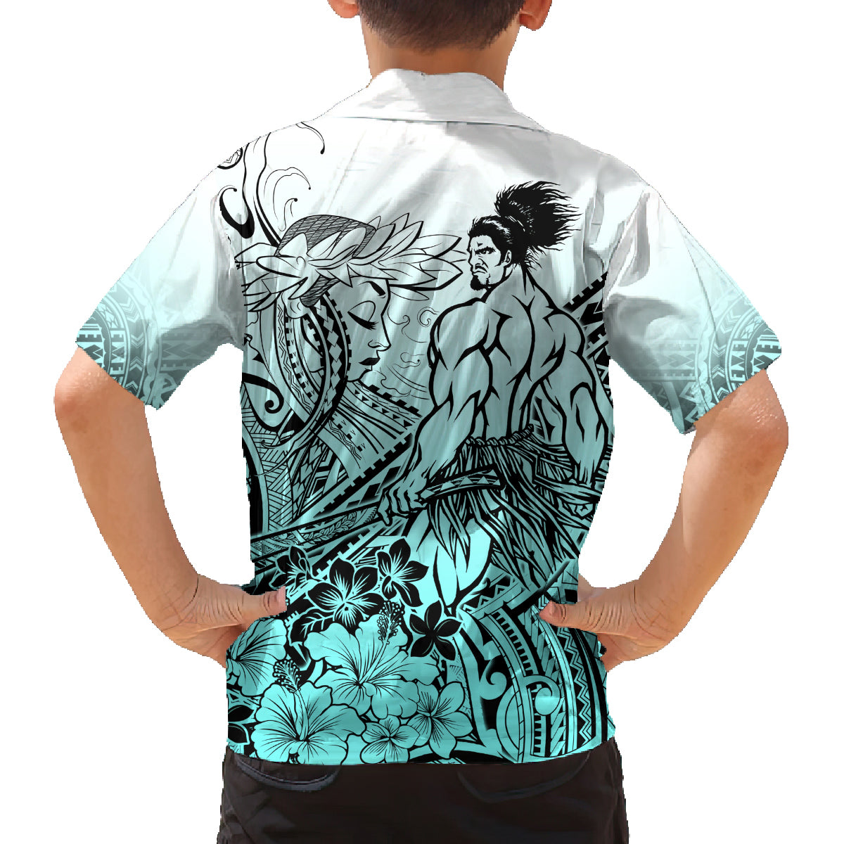 Beauty and The Warrior Polynesian Valentine Family Matching Tank Maxi Dress and Hawaiian Shirt Hibiscus FLowers Turquoise Style LT9 - Polynesian Pride