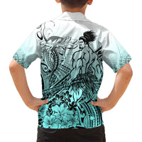 Beauty and The Warrior Polynesian Valentine Kid Hawaiian Shirt Hibiscus FLowers Turquoise Style LT9 - Polynesian Pride