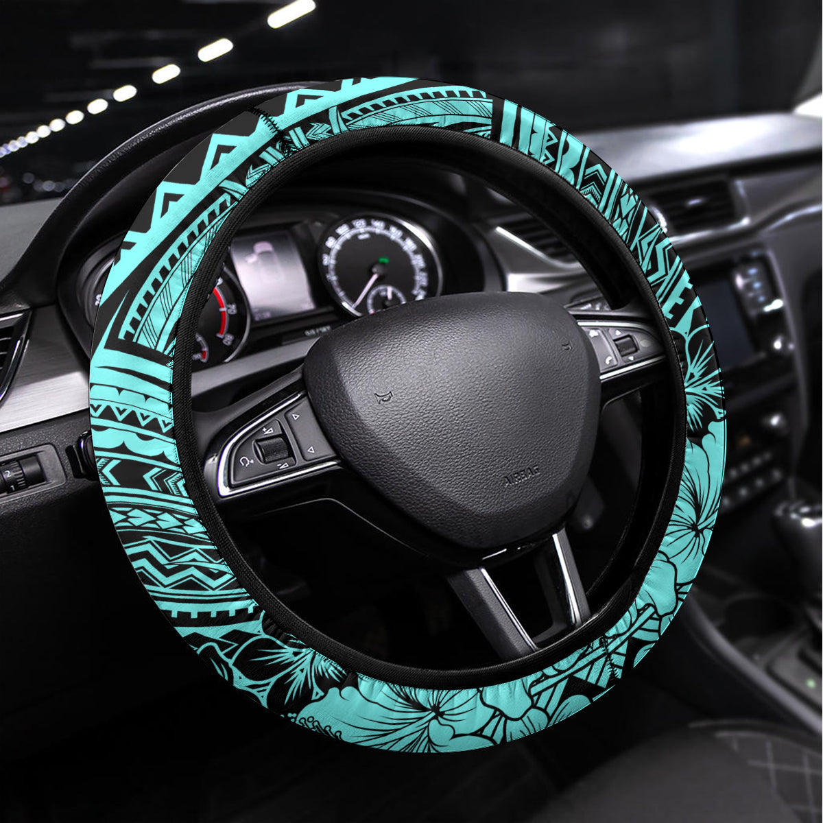 Beauty and The Warrior Polynesian Valentine Steering Wheel Cover Hibiscus FLowers Turquoise Style LT9 Universal Fit Turquoise - Polynesian Pride