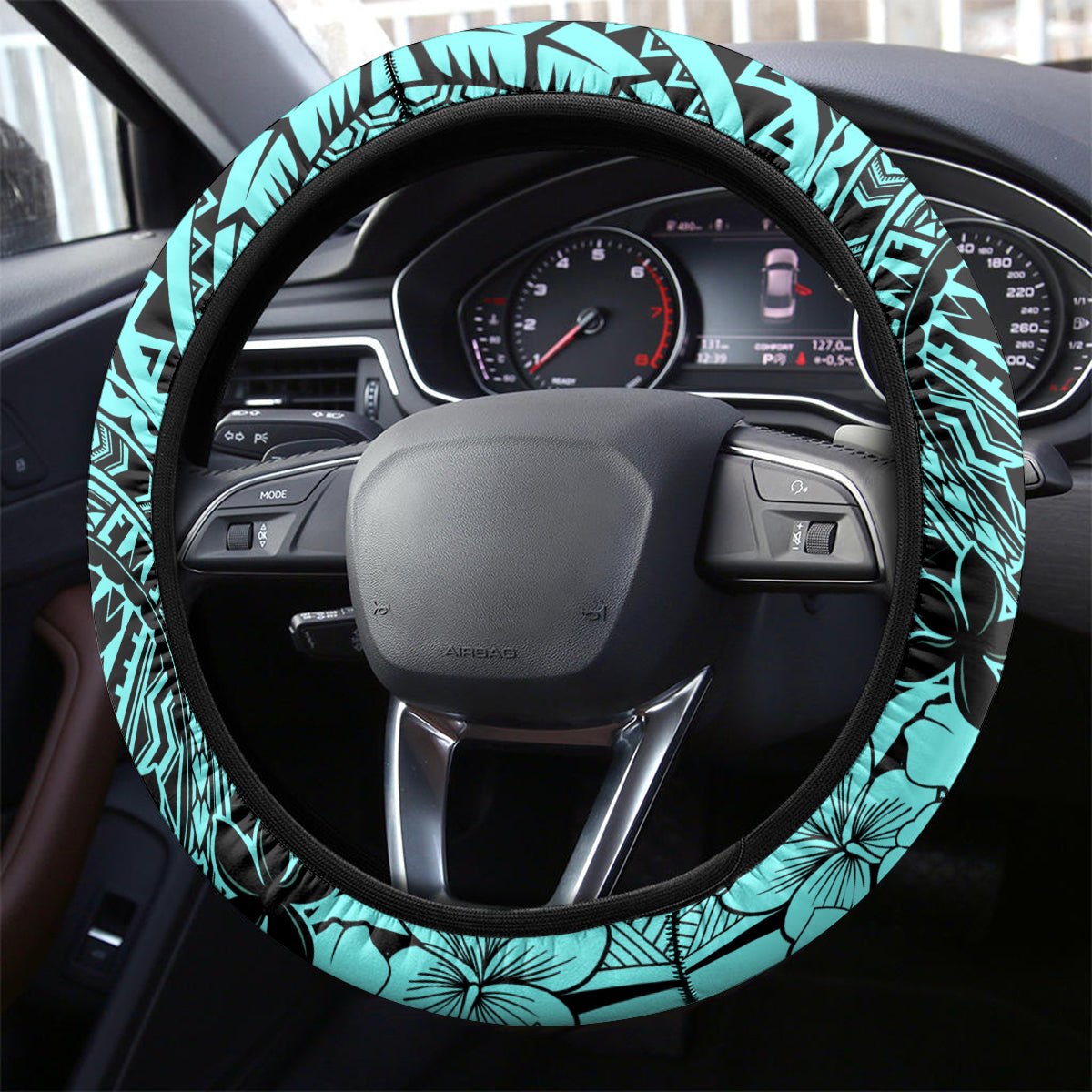 Beauty and The Warrior Polynesian Valentine Steering Wheel Cover Hibiscus FLowers Turquoise Style LT9 - Polynesian Pride