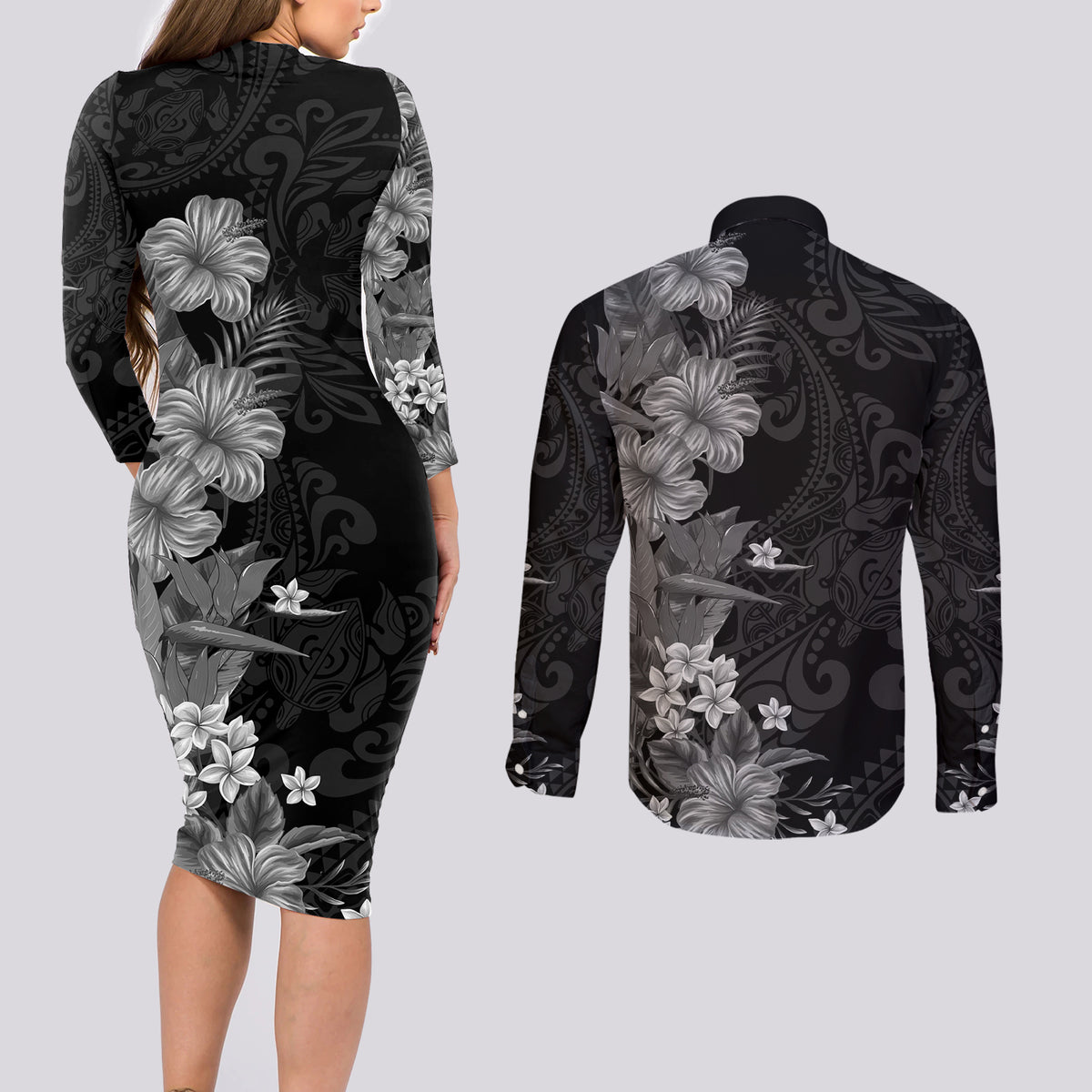 Hawaii Tropical Flowers Tribal Pattern Couples Matching Long Sleeve Bodycon Dress and Long Sleeve Button Shirt Black Style LT9 - Polynesian Pride