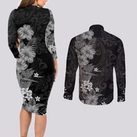 Hawaii Tropical Flowers Tribal Pattern Couples Matching Long Sleeve Bodycon Dress and Long Sleeve Button Shirt Black Style LT9 - Polynesian Pride