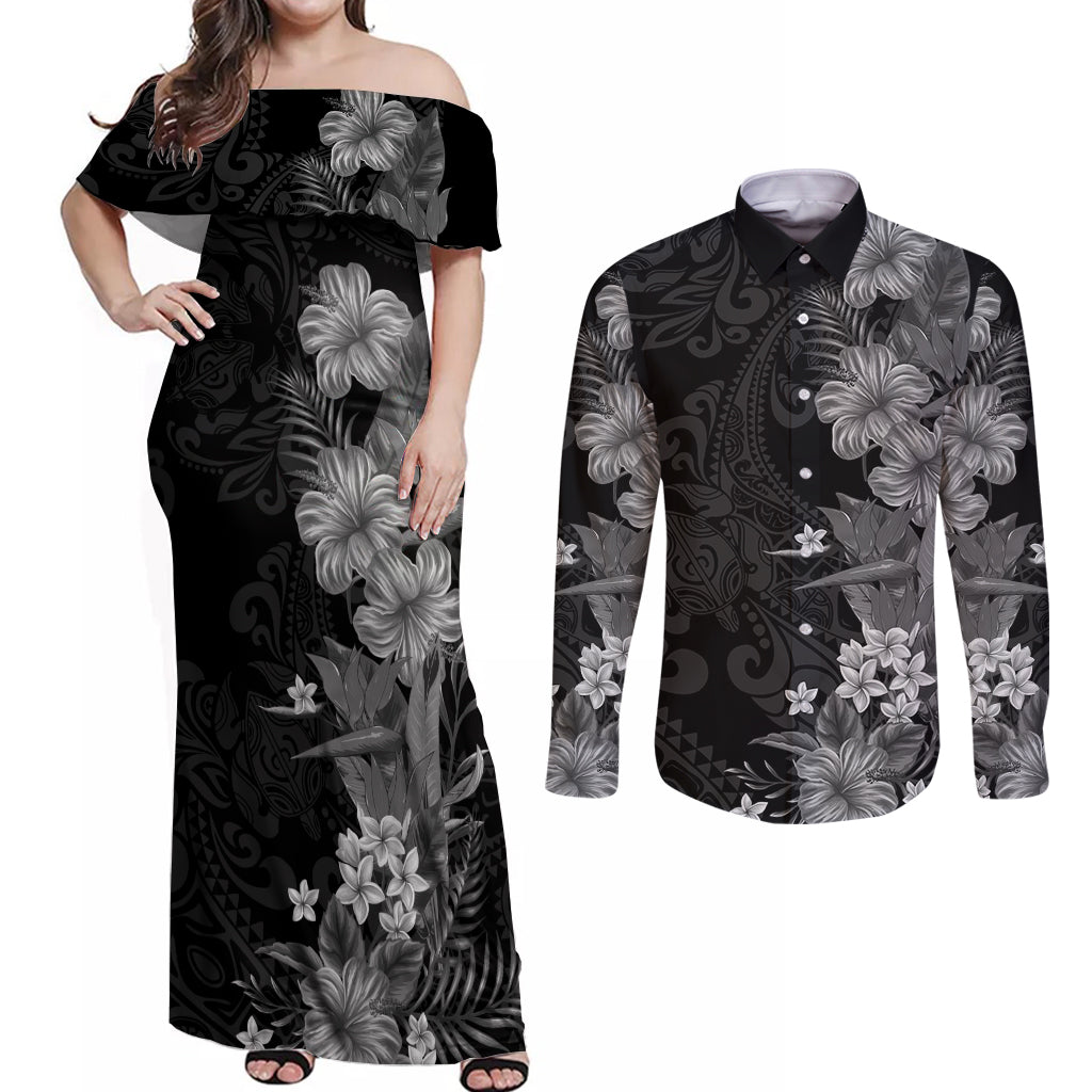Hawaii Tropical Flowers Tribal Pattern Couples Matching Off Shoulder Maxi Dress and Long Sleeve Button Shirt Black Style LT9 Black - Polynesian Pride