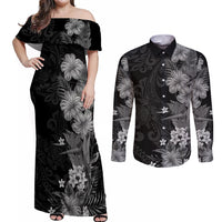 Hawaii Tropical Flowers Tribal Pattern Couples Matching Off Shoulder Maxi Dress and Long Sleeve Button Shirt Black Style LT9 Black - Polynesian Pride