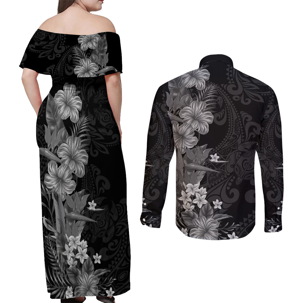 Hawaii Tropical Flowers Tribal Pattern Couples Matching Off Shoulder Maxi Dress and Long Sleeve Button Shirt Black Style LT9 - Polynesian Pride