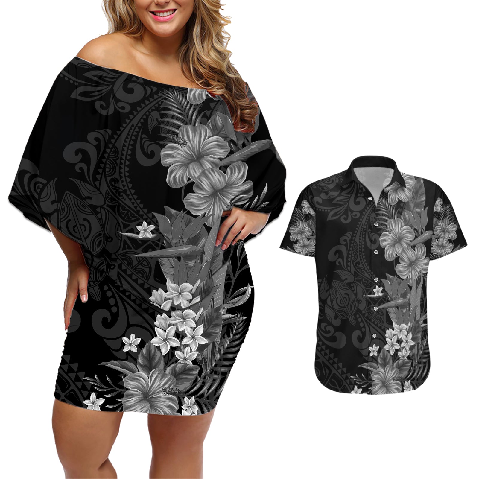 Hawaii Tropical Flowers Tribal Pattern Couples Matching Off Shoulder Short Dress and Hawaiian Shirt Black Style LT9 Black - Polynesian Pride