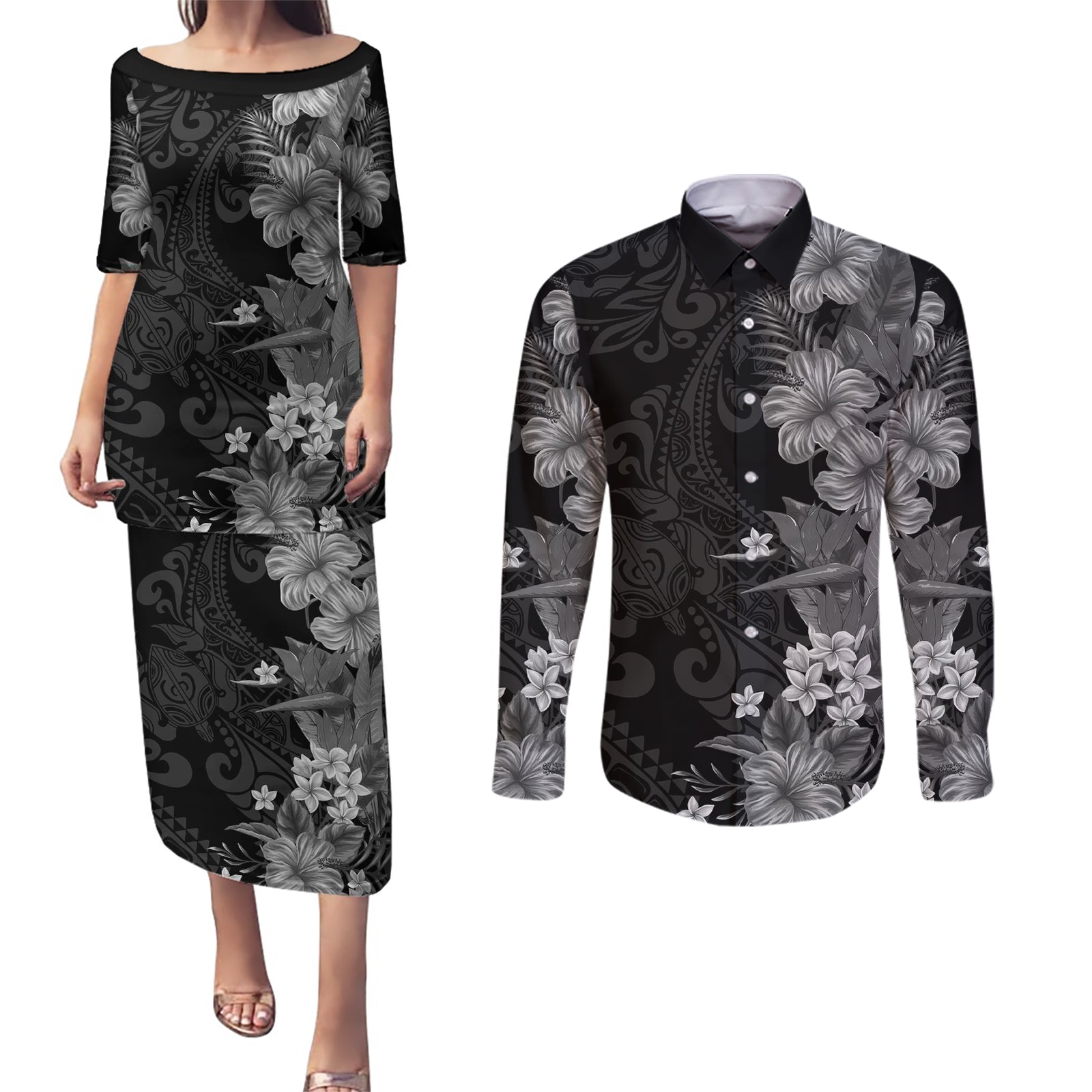 Hawaii Tropical Flowers Tribal Pattern Couples Matching Puletasi and Long Sleeve Button Shirt Black Style LT9 Black - Polynesian Pride