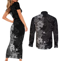 Hawaii Tropical Flowers Tribal Pattern Couples Matching Short Sleeve Bodycon Dress and Long Sleeve Button Shirt Black Style LT9 - Polynesian Pride