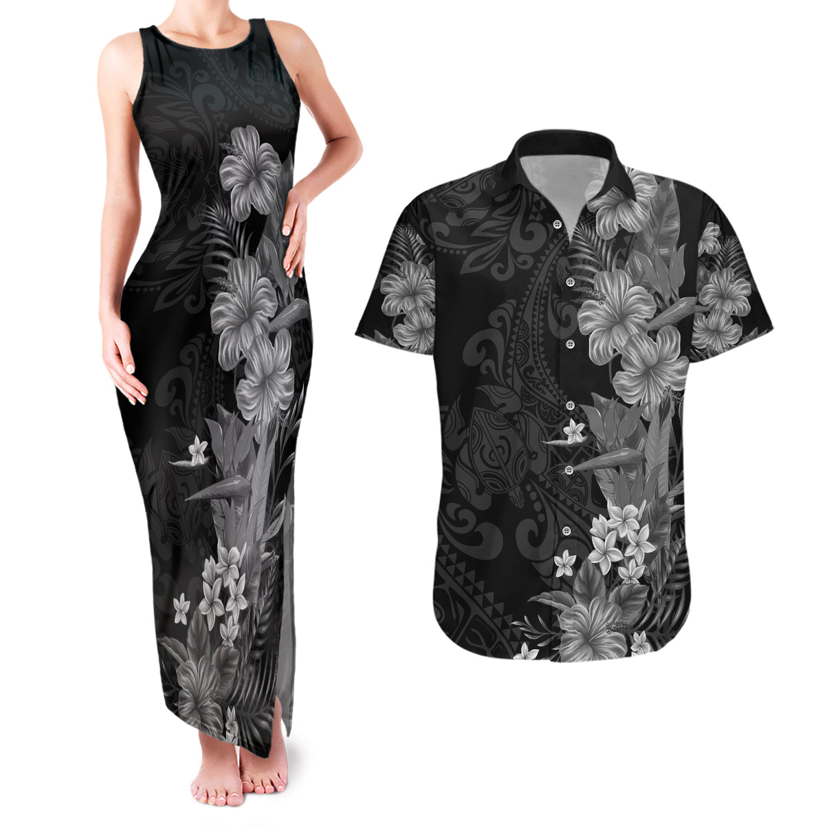 Hawaii Tropical Flowers Tribal Pattern Couples Matching Tank Maxi Dress and Hawaiian Shirt Black Style LT9 Black - Polynesian Pride