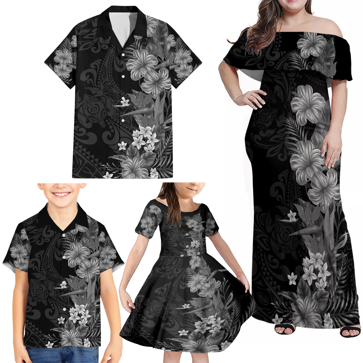 Hawaii Tropical Flowers Tribal Pattern Family Matching Off Shoulder Maxi Dress and Hawaiian Shirt Black Style LT9 - Polynesian Pride