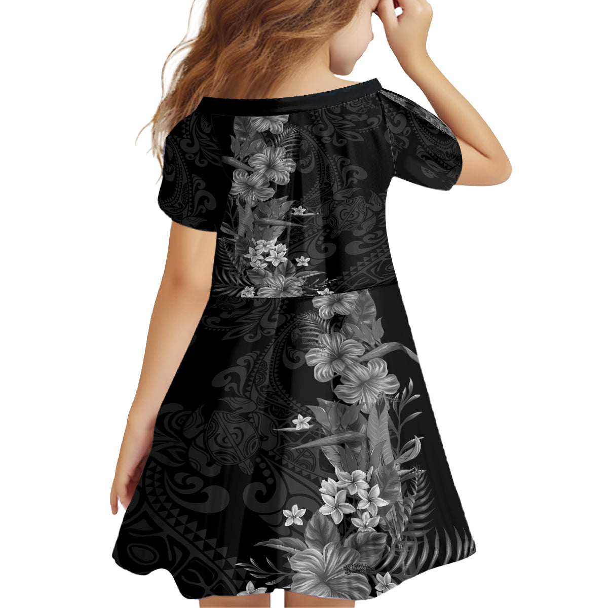 Hawaii Tropical Flowers Tribal Pattern Family Matching Off Shoulder Short Dress and Hawaiian Shirt Black Style LT9 - Polynesian Pride