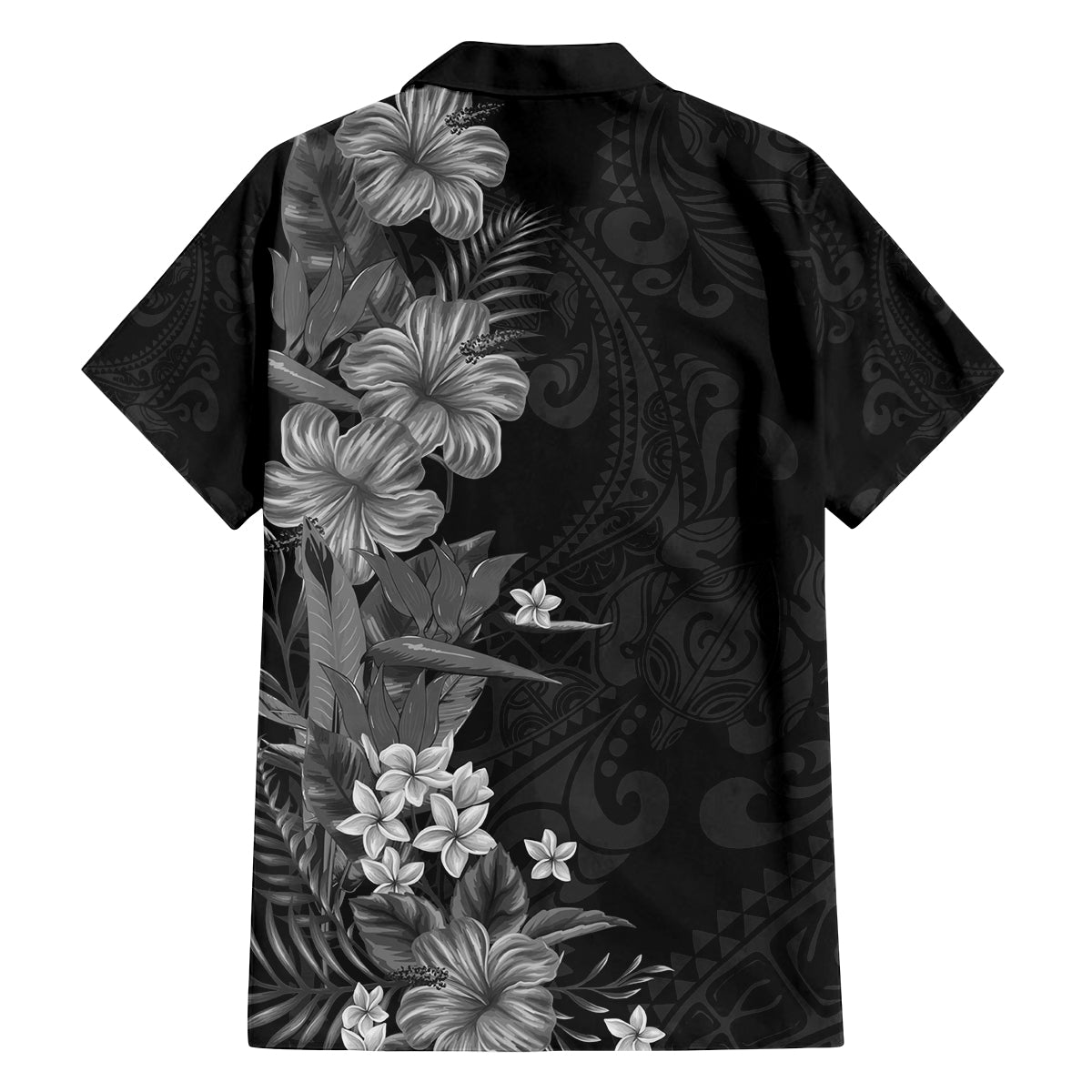 Hawaii Tropical Flowers Tribal Pattern Family Matching Off Shoulder Short Dress and Hawaiian Shirt Black Style LT9 - Polynesian Pride