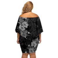 Hawaii Tropical Flowers Tribal Pattern Family Matching Off Shoulder Short Dress and Hawaiian Shirt Black Style LT9 - Polynesian Pride