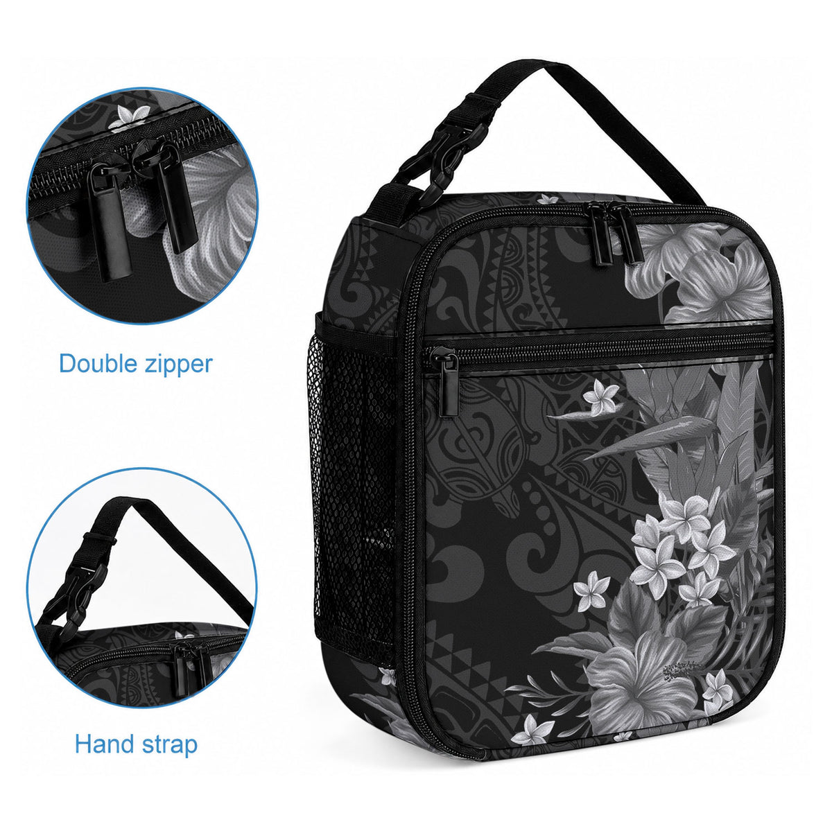 Hawaii Tropical Flowers Tribal Pattern Lunch Bag Black Style LT9 - Polynesian Pride