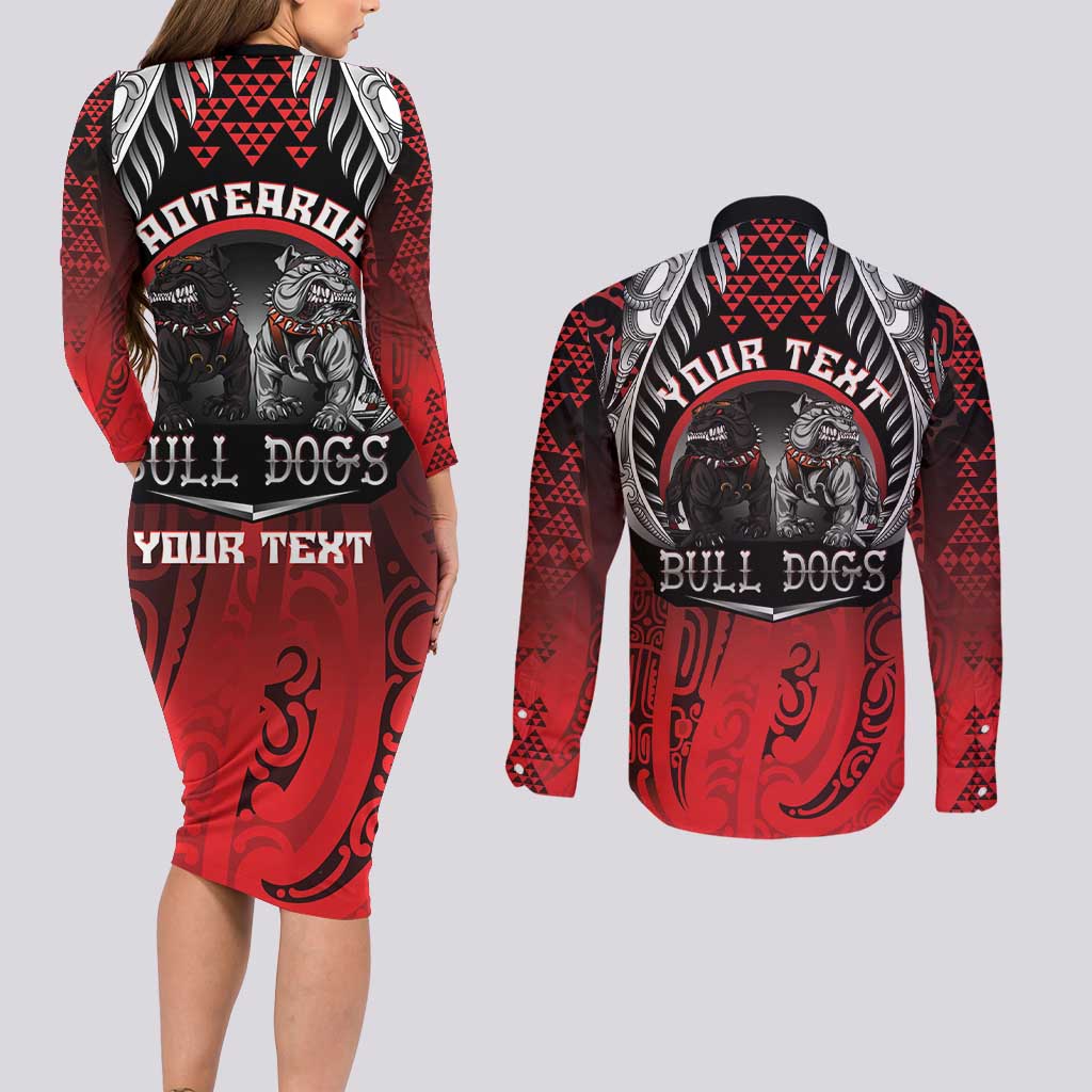 Aotearoa Bulldog Personalised Couples Matching Long Sleeve Bodycon Dress and Long Sleeve Button Shirt Maori Kowhaiwhai Motif LT9 - Polynesian Pride