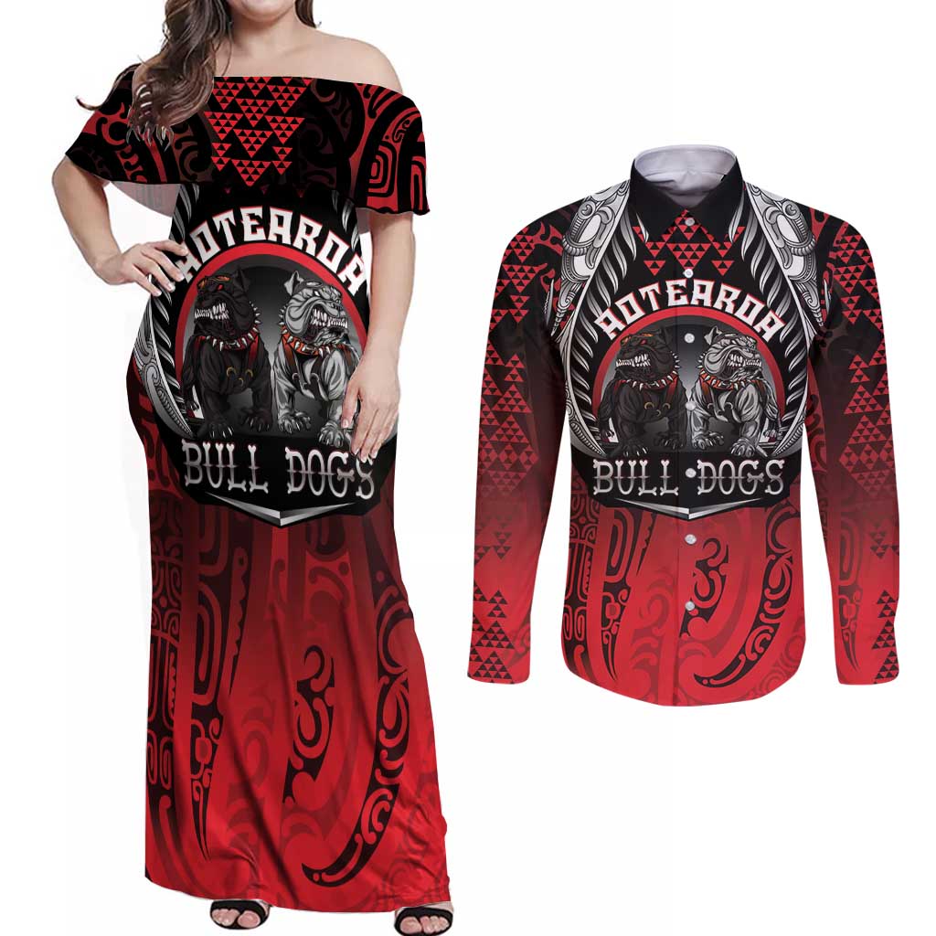 Aotearoa Bulldog Personalised Couples Matching Off Shoulder Maxi Dress and Long Sleeve Button Shirt Maori Kowhaiwhai Motif LT9 Red - Polynesian Pride