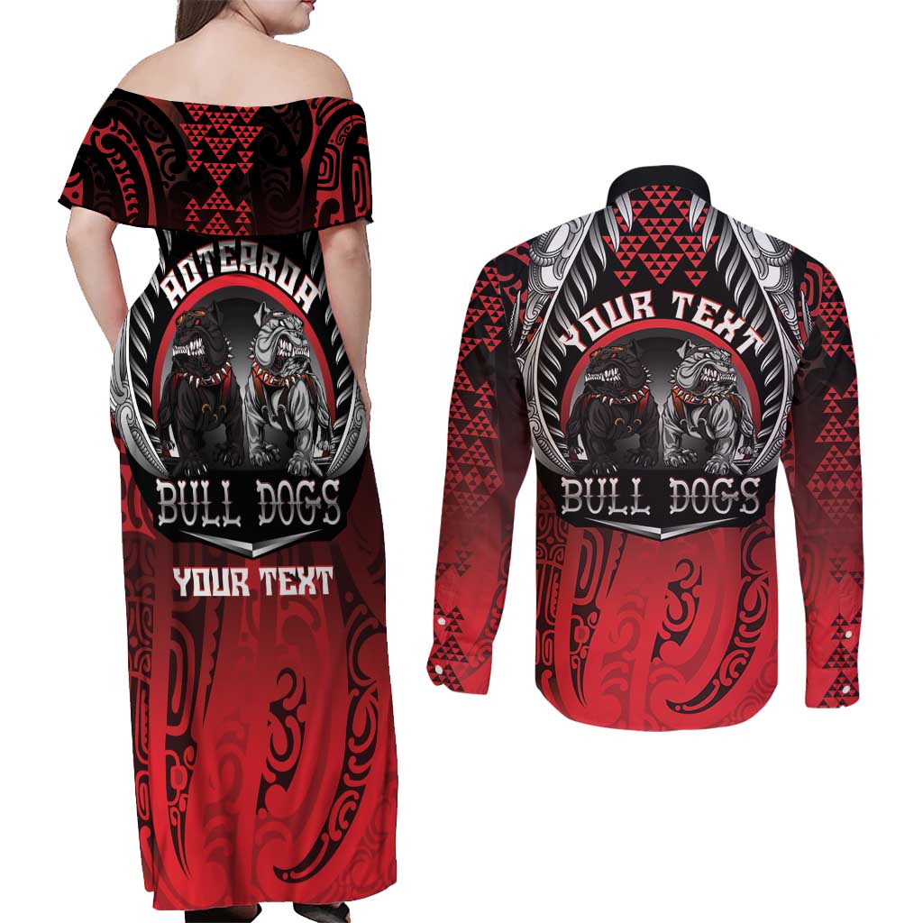 Aotearoa Bulldog Personalised Couples Matching Off Shoulder Maxi Dress and Long Sleeve Button Shirt Maori Kowhaiwhai Motif LT9 - Polynesian Pride