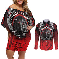Aotearoa Bulldog Personalised Couples Matching Off Shoulder Short Dress and Long Sleeve Button Shirt Maori Kowhaiwhai Motif LT9 Red - Polynesian Pride
