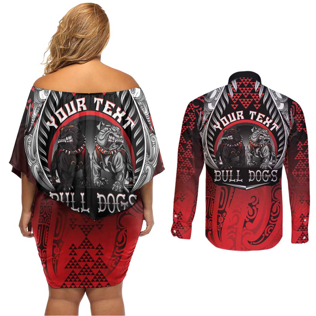 Aotearoa Bulldog Personalised Couples Matching Off Shoulder Short Dress and Long Sleeve Button Shirt Maori Kowhaiwhai Motif LT9 - Polynesian Pride