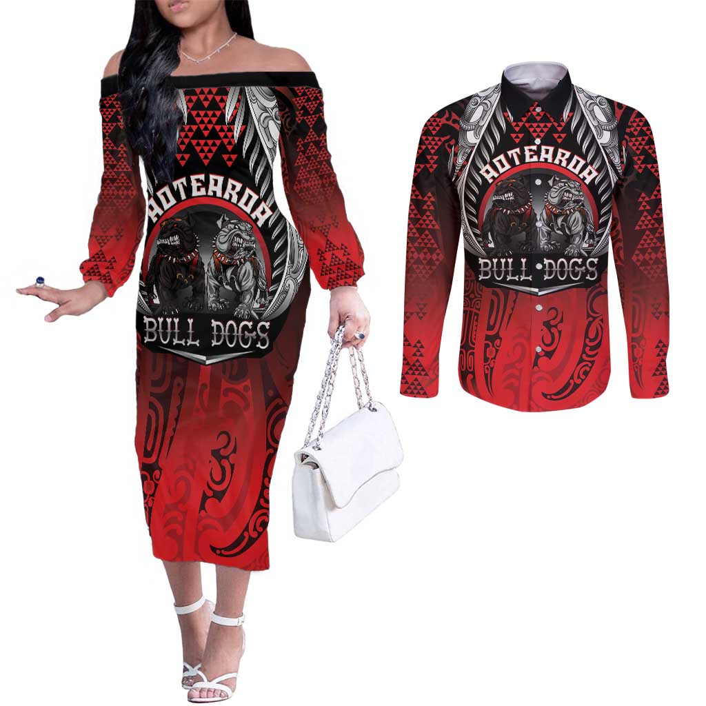 Aotearoa Bulldog Personalised Couples Matching Off The Shoulder Long Sleeve Dress and Long Sleeve Button Shirt Maori Kowhaiwhai Motif LT9 Red - Polynesian Pride