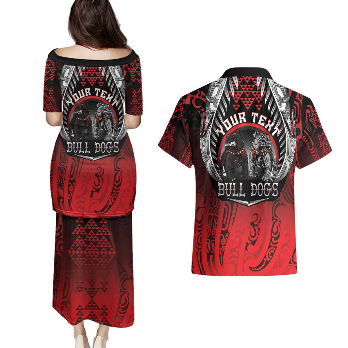 Aotearoa Bulldog Personalised Couples Matching Puletasi and Hawaiian Shirt Maori Kowhaiwhai Motif LT9 - Polynesian Pride