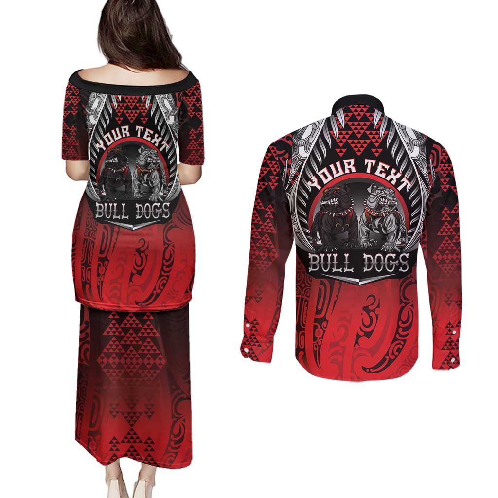Aotearoa Bulldog Personalised Couples Matching Puletasi and Long Sleeve Button Shirt Maori Kowhaiwhai Motif LT9 - Polynesian Pride