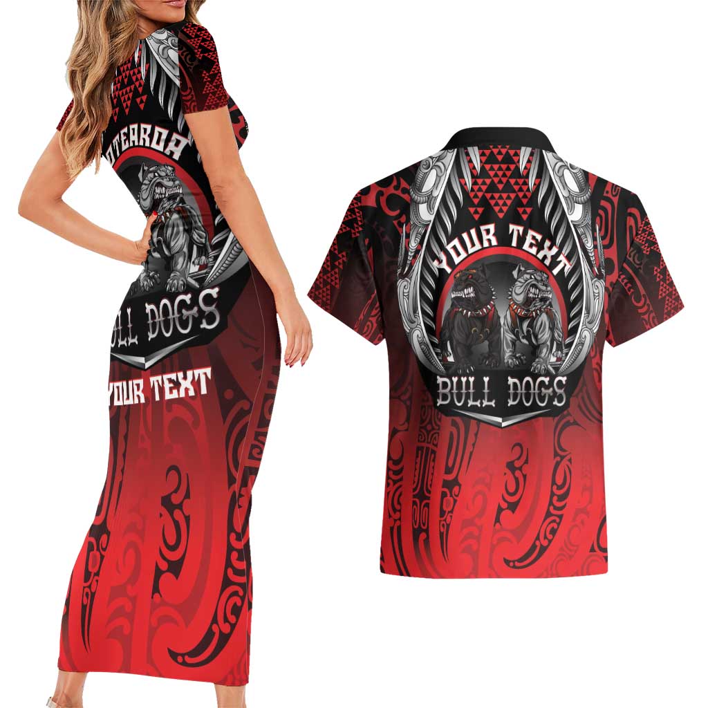 Aotearoa Bulldog Personalised Couples Matching Short Sleeve Bodycon Dress and Hawaiian Shirt Maori Kowhaiwhai Motif LT9 - Polynesian Pride