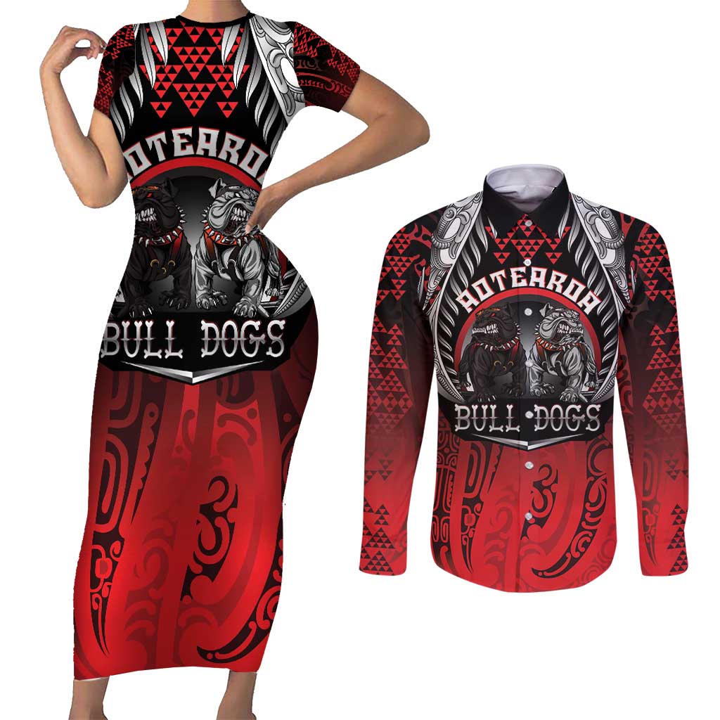 Aotearoa Bulldog Personalised Couples Matching Short Sleeve Bodycon Dress and Long Sleeve Button Shirt Maori Kowhaiwhai Motif LT9 Red - Polynesian Pride