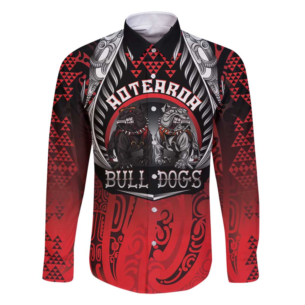 Aotearoa Bulldog Personalised Family Matching Mermaid Dress and Hawaiian Shirt Maori Kowhaiwhai Motif LT9 Dad's Shirt - Long Sleeve Red - Polynesian Pride
