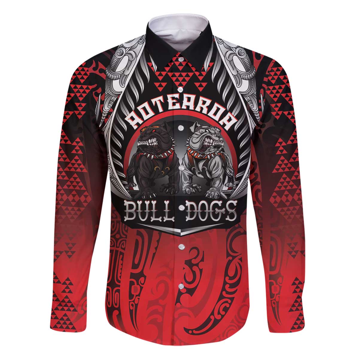 Aotearoa Bulldog Personalised Family Matching Off The Shoulder Long Sleeve Dress and Hawaiian Shirt Maori Kowhaiwhai Motif LT9 Dad's Shirt - Long Sleeve Red - Polynesian Pride
