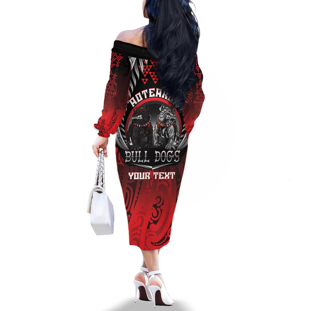 Aotearoa Bulldog Personalised Family Matching Off The Shoulder Long Sleeve Dress and Hawaiian Shirt Maori Kowhaiwhai Motif LT9 - Polynesian Pride
