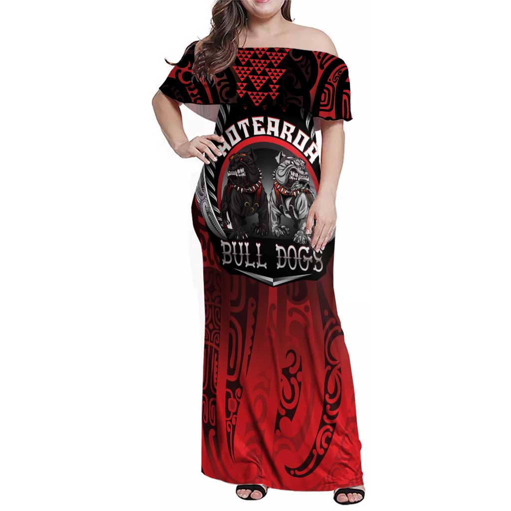 Aotearoa Bulldog Personalised Family Matching Off Shoulder Maxi Dress and Hawaiian Shirt Maori Kowhaiwhai Motif LT9 Mom's Dress Red - Polynesian Pride