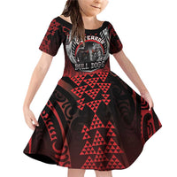 Aotearoa Bulldog Personalised Family Matching Off Shoulder Short Dress and Hawaiian Shirt Maori Kowhaiwhai Motif LT9 Daughter's Dress Red - Polynesian Pride