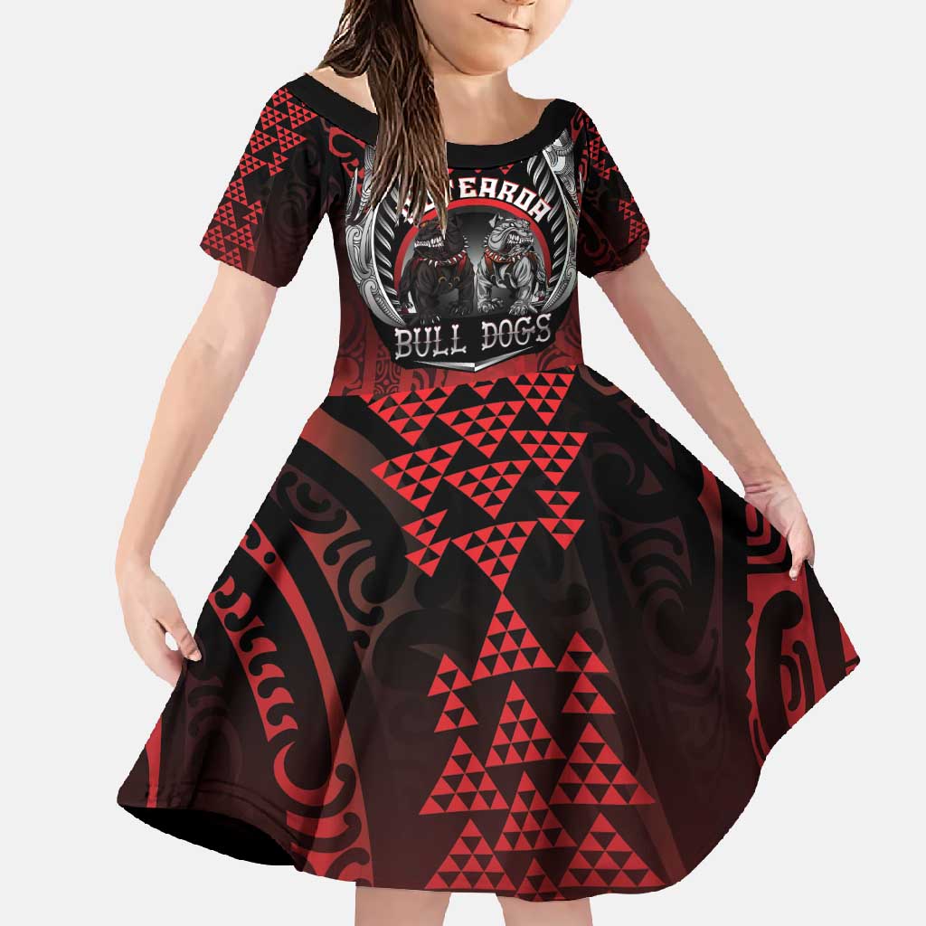 Aotearoa Bulldog Personalised Family Matching Short Sleeve Bodycon Dress and Hawaiian Shirt Maori Kowhaiwhai Motif LT9 Daughter's Dress Red - Polynesian Pride