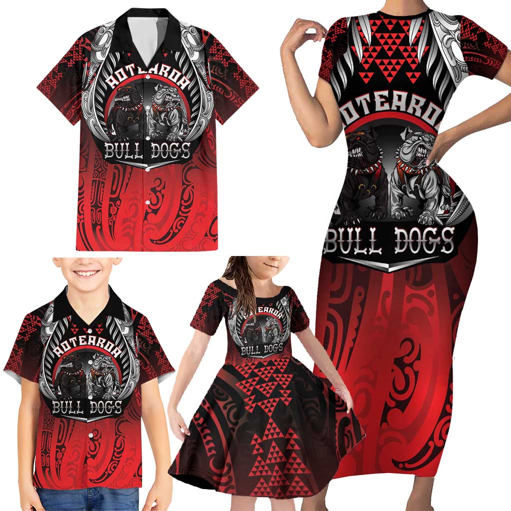 Aotearoa Bulldog Personalised Family Matching Short Sleeve Bodycon Dress and Hawaiian Shirt Maori Kowhaiwhai Motif LT9 - Polynesian Pride