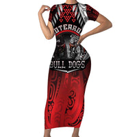 Aotearoa Bulldog Personalised Family Matching Short Sleeve Bodycon Dress and Hawaiian Shirt Maori Kowhaiwhai Motif LT9 Mom's Dress Red - Polynesian Pride