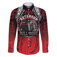 Aotearoa Bulldog Personalised Family Matching Tank Maxi Dress and Hawaiian Shirt Maori Kowhaiwhai Motif LT9 Dad's Shirt - Long Sleeve Red - Polynesian Pride