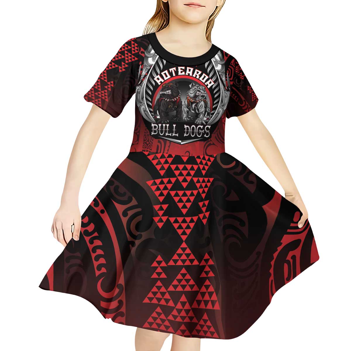 Aotearoa Bulldog Personalised Kid Short Sleeve Dress Maori Kowhaiwhai Motif LT9 - Polynesian Pride