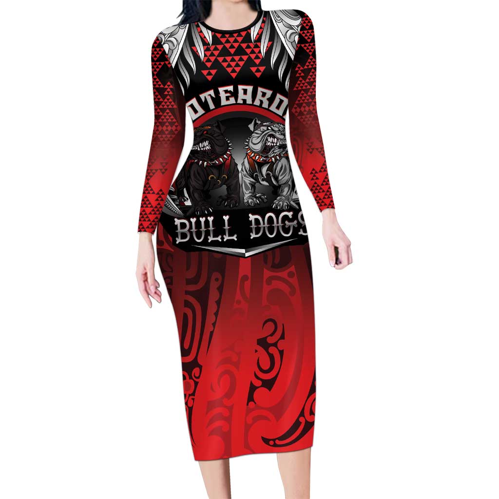 Aotearoa Bulldog Personalised Long Sleeve Bodycon Dress Maori Kowhaiwhai Motif LT9 Long Dress Red - Polynesian Pride