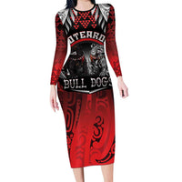 Aotearoa Bulldog Personalised Long Sleeve Bodycon Dress Maori Kowhaiwhai Motif LT9 Long Dress Red - Polynesian Pride