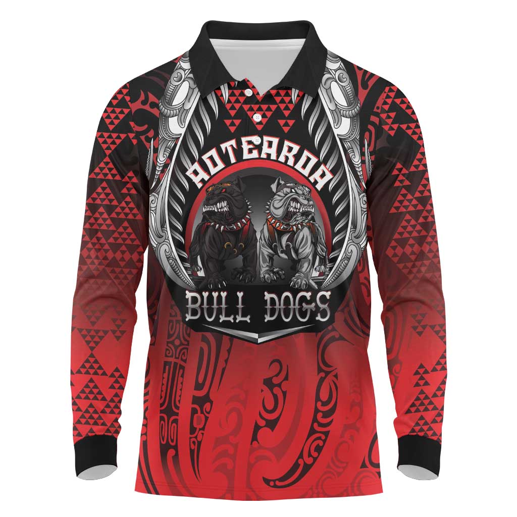 Aotearoa Bulldog Personalised Long Sleeve Polo Shirt Maori Kowhaiwhai Motif LT9 Red - Polynesian Pride